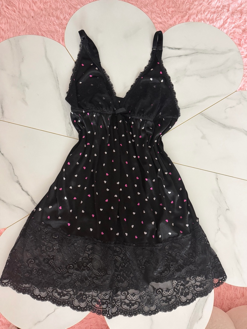 Black Satin babydoll Heart Print Lace Trim slip dress